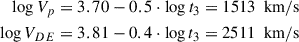 Mathematical equation: $$ \begin{aligned} \log {V_p}&= 3.70 - 0.5 \cdot \log {t_3} = 1513 \ \ \mathrm{km/s} \\ \log {V_{DE}}&= 3.81 - 0.4 \cdot \log {t_3} = 2511 \ \ \mathrm{km/s} \end{aligned} $$
