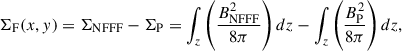 Mathematical equation: $$ \begin{aligned} \Sigma _{\rm F}(x,y) = \Sigma _{\rm NFFF} - \Sigma _{\rm P} = \int _z \left( \frac{B^2_{\rm NFFF}}{8\pi } \right) dz - \int _z \left( \frac{B^2_{\rm P}}{8\pi } \right) dz, \end{aligned} $$
