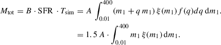 Mathematical equation: $$ \begin{aligned} M_{\rm tot}=B\cdot \mathrm{SFR} \,\cdot T_{\rm sim}&= A\,\int _{0.01}^{400}(m_1+q\,m_1)\,\xi (m_1)f(q)dq\,\mathrm{d} m_1. \nonumber \\&= 1.5\,A\cdot \int _{0.01}^{400}m_1\,\xi (m_1)\,\mathrm{d} m_1. \end{aligned} $$