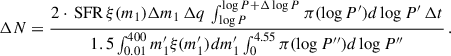 Mathematical equation: $$ \begin{aligned} \Delta N = \dfrac{2\cdot \,\mathrm{SFR} \,\xi (m_{\rm 1})\Delta m_{\rm 1}\,\Delta q\,\int _{\log P}^{\log P+\Delta \log P}\pi (\log P^{\prime })d\log P^{\prime } \,\Delta t}{1.5\int _{0.01}^{400}m_1^{\prime }\xi (m_1^{\prime })dm_1^{\prime }\int _0^{4.55}\pi (\log P^{\prime \prime })d\log P^{\prime \prime }}\,. \end{aligned} $$
