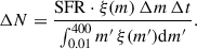 Mathematical equation: $$ \begin{aligned} \Delta N = \dfrac{\mathrm{SFR} \cdot \xi (m)\,\Delta m\,\Delta t}{\int _{0.01}^{400}m^{\prime }\,\xi (m^{\prime })\mathrm{d} m^{\prime }}. \end{aligned} $$