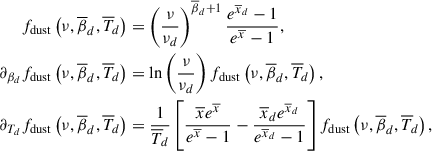 Mathematical equation: $$ \begin{aligned} f_{\rm dust} \left(\nu ,\overline{\beta }_d, \overline{T}_{\!d}\right)&= \left({\nu \over \nu _d}\right)^{\overline{\beta }_d+1} {e^{{\overline{x}_d}}-1\over e^{\overline{x}}-1},\nonumber \\ \partial _{{\beta }_d} f_{\rm dust} \left(\nu ,\overline{\beta }_d, \overline{T}_{\!d}\right)&= \ln \left({\nu \over \nu _d}\right)f_{\rm dust} \left(\nu ,\overline{\beta }_d, \overline{T}_{\!d}\right),\nonumber \\ \partial _{{T}_d} f_{\rm dust} \left(\nu ,\overline{\beta }_d, \overline{T}_{\!d}\right)&= {1\over \overline{T}_{\!d}}\left[{ \overline{x}e^ {\overline{x}} \over e^ {\overline{x}} - 1} - { \overline{x}_d e^{\overline{x}_d} \over e^{\overline{x}_d} - 1 }\right] f_{\rm dust}\left(\nu , \overline{\beta }_d, \overline{T}_{\!d}\right),\nonumber \\ \end{aligned} $$