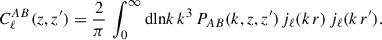 Mathematical equation: $$ \begin{aligned} C^{AB}_\ell (z,z^{\prime }) = \frac{2}{\pi }\,\int _0^\infty {\mathrm{dln} } k\,k^3\,P_{AB}(k,z,z^{\prime })\,j_\ell (k\,r)\,j_\ell (k\,r^{\prime }). \end{aligned} $$