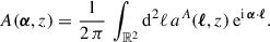 Mathematical equation: $$ \begin{aligned} A({\boldsymbol{\alpha }},z)&= \frac{1}{2\,\pi }\, \int _{{\mathbb{R} }^2}{\mathrm{d} }^2\ell \, a^A({\boldsymbol{\ell }},z)\,{\mathrm{e} }^{{\mathrm{i} }\,{\boldsymbol{\alpha }}{\cdot }{\boldsymbol{\ell }}}. \end{aligned} $$