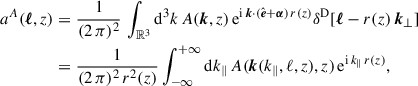 Mathematical equation: $$ \begin{aligned} a^A({\boldsymbol{\ell }},z)&=\frac{1}{(2\,\pi )^2}\,\int _{{\mathbb{R} }^3}{\mathrm{d} }^3k\,A({\boldsymbol{k}},z)\,{\mathrm{e} }^{{\mathrm{i} }\,{\boldsymbol{k}}{\cdot }({\hat{\boldsymbol{e}}}+{\boldsymbol{\alpha }})\,r(z)} {\delta }^\mathrm{D}[{\boldsymbol{\ell }}-r(z)\,{\boldsymbol{k}}_\perp ]\nonumber \\&= \frac{1}{(2\,\pi )^2\,r^2(z)} \int _{-\infty }^{+\infty }{\mathrm{d} } k_{\Vert }\,A({\boldsymbol{k}}(k_\Vert ,\ell ,z),z)\,{\mathrm{e} }^{{\mathrm{i} }\,k_{\Vert }\,r(z)}, \end{aligned} $$