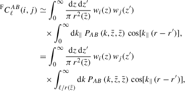Mathematical equation: $$ \begin{aligned} ^\mathrm{F}C^{AB}_\ell (i,j)&\simeq \int _0^\infty \frac{{\mathrm{d} } z\,{\mathrm{d} } z^{\prime }}{\pi \,r^2(\bar{z})}\,w_i(z)\,w_j(z^{\prime })\nonumber \\&\quad \times \int _0^\infty {\mathrm{d} } k_\Vert \,P_{AB}\left(k,\bar{z},\bar{z}\right)\,\cos [k_\Vert \,(r -r^{\prime })],\\&= \int _0^\infty \frac{{\mathrm{d} } z\,{\mathrm{d} } z^{\prime }}{\pi \,r^2(\bar{z})}\,w_i(z)\,w_j(z^{\prime })\nonumber \\&\quad \times \int _{\ell /r(\bar{z})}^\infty {\mathrm{d} } k\,P_{AB}\left(k,\bar{z},\bar{z}\right)\,\cos [k_\Vert \,(r -r^{\prime })], \end{aligned} $$