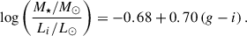 Mathematical equation: $$ \begin{aligned} \log \left(\frac{M_\star /M_{\rm \odot }}{L_{i}/L_{\rm \odot }}\right) = -0.68 + 0.70 \left(g - i\right). \end{aligned} $$