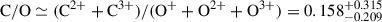 Mathematical equation: $ \mathrm{C/O} \simeq (\mathrm{C^{2+}} + \mathrm{C^{3+}})/(\mathrm{O^{+}} + \mathrm{O^{2+}} + \mathrm{O^{3+}}) = 0.158 ^{+0.315}_{-0.209} $