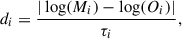 Mathematical equation: $$ \begin{aligned} d_i = \frac{|\log (M_i) - \log (O_i)|}{\tau _i}, \end{aligned} $$