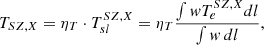 Mathematical equation: $$ \begin{aligned} T_{SZ,X} = \eta _T \cdot T_{sl}^{SZ,X} = \eta _T \frac{\int w T_e^{SZ,X} dl}{\int w \, dl} , \end{aligned} $$