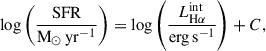 Mathematical equation: $$ \begin{aligned} \log \left(\frac{\mathrm{SFR}}{\mathrm{M_\odot \,yr^{-1}}}\right) = \log \left(\frac{L^\mathrm{int}_{\rm H\alpha }}{\mathrm{erg \, s^{-1}}}\right) + C, \end{aligned} $$