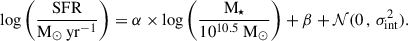 Mathematical equation: $$ \begin{aligned} {\log \left( \frac{\mathrm{SFR}}{\mathrm{M_\odot \, yr^{-1}}}\right)} = \alpha \times \mathrm{log\left(\frac{M_\star }{10^{10.5} \; M_\odot }\right)} + \beta + \mathcal{N} (0 \, , \, \sigma _{\rm int} ^2) . \end{aligned} $$