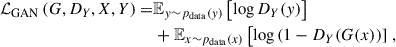 Mathematical equation: $$ \begin{aligned} \begin{aligned} \mathcal{L} _{\mathrm{GAN} }\left(G, D_Y, X, Y\right) =&\mathbb{E} _{y \sim p_{\mathrm{data} }(y)}\left[\log D_Y(y)\right] \\&+\mathbb{E} _{x \sim p_{\mathrm{data} }(x)}\left[\log \left(1-D_Y(G(x))\right]\right., \end{aligned} \end{aligned} $$