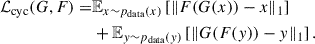 Mathematical equation: $$ \begin{aligned} \begin{aligned} \mathcal{L} _{\mathrm{cyc} }(G, F) =&\mathbb{E} _{x \sim p_{\mathrm{data} }(x)} \left[\Vert F(G(x))-x\Vert _1\right] \\&+\mathbb{E} _{y \sim p_{\mathrm{data} }(y)}\left[\Vert G(F(y))-y\Vert _1\right]. \end{aligned} \end{aligned} $$