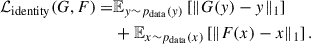 Mathematical equation: $$ \begin{aligned} \begin{aligned} \mathcal{L} _{\mathrm{identity} }(G, F) =&\mathbb{E} _{y \sim p_{\mathrm{data} }(y)} \left[\Vert G(y)-y\Vert _1\right] \\&+\mathbb{E} _{x \sim p_{\mathrm{data} }(x)}\left[\Vert F(x)-x\Vert _1\right]. \end{aligned} \end{aligned} $$