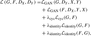 Mathematical equation: $$ \begin{aligned} \begin{aligned} \mathcal{L} \left(G, F, D_X, D_Y\right) =&{\mathcal{L} _{\mathrm{GAN} }\left(G, D_Y, X, Y\right)} \\&+{\mathcal{L} _{\mathrm{GAN} }\left(F, D_X, Y, X\right)} \\&+{\lambda _{\mathrm{cyc} } \mathcal{L} _{\mathrm{cyc} }(G, F)} \\&+{\lambda _{\mathrm{identity} } \mathcal{L} _{\mathrm{identity} }(G, F)}\\&+{\lambda _{\mathrm{identity} } \mathcal{L} _{\mathrm{identity} }(F, G)}, \end{aligned} \end{aligned} $$