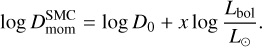 Mathematical equation: $\log D_{{\rm{mom}}}^{{\rm{SMC}}} = \log {D_0} + x\log {{{L_{{\rm{bol}}}}} \over {{L_ \odot }}}.$
