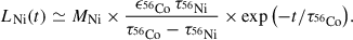 Mathematical equation: $$ \begin{aligned} L_{\rm Ni}(t)\simeq M_{\rm Ni}\times \frac{\epsilon _{\rm ^{56}Co}\,\tau _{\rm ^{56}Ni}}{\tau _{\rm ^{56}Co}-\tau _{\rm ^{56}Ni}}\times \exp {\left(-t/\tau _{\rm ^{56}Co}\right)}. \end{aligned} $$