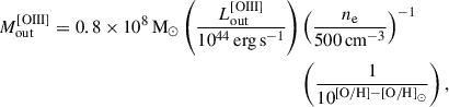 Mathematical equation: $$ \begin{aligned} M_\mathrm{out} ^{\mathrm{[OIII]} } = 0.8 \times 10^8\, \mathrm{M} _\odot \left( \frac{L_{\mathrm{out} }^{[\mathrm{OIII} ]}}{10^{44}\,\mathrm {erg\,s}^{-1} } \right)&\left( \frac{n_\mathrm{e} }{500\,\mathrm {cm}^{-3} } \right)^{-1} \nonumber \\&\left( \frac{1}{10^{\mathrm{[O/H]} - \mathrm{[O/H]} _\odot }} \right), \end{aligned} $$