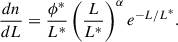 Mathematical equation: $$ \begin{aligned} \frac{dn}{dL} = \frac{\phi ^*}{L^*} \left(\frac{L}{L^*}\right)^\alpha e^{-L/L^*}. \end{aligned} $$