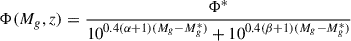 Mathematical equation: $$ \begin{aligned} \Phi (M_g, z) = \frac{\Phi ^*}{10^{0.4(\alpha + 1)(M_g - M_g^*)} + 10^{0.4(\beta +1)(M_g - M_g^*)}} \end{aligned} $$