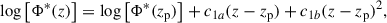 Mathematical equation: $$ \begin{aligned} \log \left[\Phi ^* (z) \right] = \log \left[\Phi ^* (z_\mathrm{p} ) \right] + c_{1a} (z-z_\mathrm{p} ) + c_{1b} (z - z_\mathrm{p} )^2, \end{aligned} $$