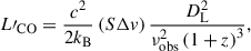 Mathematical equation: $$ \begin{aligned} L\prime _\mathrm{CO} = \frac{c^2}{2k_\mathrm{B} }\left(S \Delta v \right) \frac{D_\mathrm{L} ^2}{\nu ^2_\mathrm{obs} \left(1+z \right)^3}, \end{aligned} $$