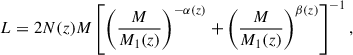 Mathematical equation: $$ \begin{aligned} L = 2N(z)M\left[\left(\frac{M}{M_1(z)}\right)^{-\alpha (z)} + \left(\frac{M}{M_1(z)}\right)^{\beta (z)} \right]^{-1}, \end{aligned} $$
