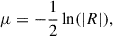 Mathematical equation: $$ \begin{aligned} \mu = -\frac{1}{2}\ln (|R|), \end{aligned} $$