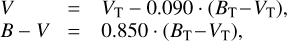Mathematical equation: $\begin{align*} & V=V_{\mathrm{T}}-0.090 \cdot\left(B_{\mathrm{T}}-V_{\mathrm{T}}\right)\\ & B-V=0.850 \cdot\left(B_{\mathrm{T}}-V_{\mathrm{T}}\right) \end{align*}$