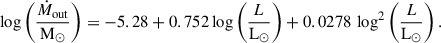 Mathematical equation: $$ \begin{aligned} \log \left(\frac{\dot{M}_{\mathrm{out} }}{\mathrm{M}_\odot }\right) = -5.28 + 0.752 \log \left(\frac{L}{\mathrm{L}_\odot }\right) + 0.0278\,\log ^2\left(\frac{L}{\mathrm{L}_\odot }\right). \end{aligned} $$