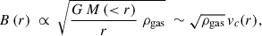 Mathematical equation: $$ \begin{aligned} B\,(r)\ \propto \ \sqrt{\frac{G\,M\,( < r)}{r}\ \rho _\mathrm{gas} }\ \sim \sqrt{\rho _\mathrm{gas} }\, v_c (r), \end{aligned} $$