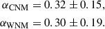 Mathematical equation: $$ \begin{aligned} \alpha _{\rm CNM}& = 0.32\pm 0.15,\\ \alpha _{\rm WNM}& = 0.30\pm 0.19. \end{aligned} $$