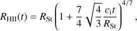 Mathematical equation: R_{\rm HII}(t)=R_{\rm St}\left(1+\frac{7}{4}\sqrt{\frac{4}{3}}\frac{c_{\rm i}t}{R_{\rm St}}\right)^{4/7},