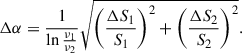 Mathematical equation: $$ \begin{aligned} \Delta \alpha = \frac{1}{\ln \frac{\nu _1}{\nu _2}} \sqrt{\left( \frac{\Delta S_1}{S_1} \right)^2 + \left( \frac{\Delta S_2}{S_2} \right)^2 }. \end{aligned} $$