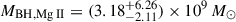 Mathematical equation: $ M_{\mathrm{BH},{\mathrm{Mg}{\small { {\text{ II}}}}}} = (3.18^{+6.26}_{-2.11}) \times 10^{9}\,M_\odot $