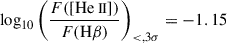 Mathematical equation: $ \log_{10} \left( \frac{F({[{\mathrm{He}{\small { {\text{ II}}}}}]})}{F(\mathrm{H}\beta)} \right) _{ < ,3\sigma} = -1.15 $
