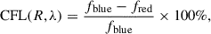 Mathematical equation: $$ \mathrm{CFL} (R,\lambda ) = \frac{f_{\mathrm{blue} } - f_{\mathrm{red} }}{f_{\mathrm{blue} }} \times 100\%, $$