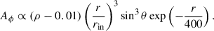 Mathematical equation: $$ \begin{aligned} A_\phi \propto (\rho - 0.01) \left(\frac{r}{r_{\text{in}}}\right)^3 \sin ^3\theta \exp \left(-\frac{r}{400}\right). \end{aligned} $$