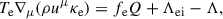 Mathematical equation: $$ \begin{aligned} T_{\rm e} \nabla _\mu (\rho u^\mu \kappa _{\rm e}) = f_{\rm e} Q + \Lambda _{\text{ei}} - \Lambda , \end{aligned} $$