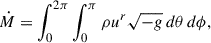 Mathematical equation: $$ \begin{aligned} \dot{M} = \int _0^{2\pi } \int _0^{\pi } \rho u^r \sqrt{-g} \, d\theta \, d\phi , \end{aligned} $$