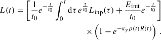 Mathematical equation: $$ \begin{aligned} \begin{split} L(t) = \left[\frac{1}{t_0} e^{-\frac{t}{t_0}}\int _{0}^{t}\mathrm{d}\tau \, e^{\frac{\tau }{t_0}}L_{\mathrm{inp}}(\tau )+\frac{E_{\rm init}}{t_0}e^{-\frac{t}{t_0}}\right] \\ \times \left(1-e^{-\kappa _\gamma \rho (t)R(t)} \right) \, . \end{split} \end{aligned} $$