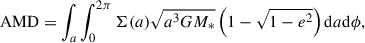 Mathematical equation: $$ \begin{aligned} \mathrm{AMD} = \int _{a}\int _{0}^{2\pi }\Sigma (a)\sqrt{a^{3}GM_{*}}\left(1 - \sqrt{1-e^{2}}\right) \mathrm{d}a \mathrm{d}\phi , \end{aligned} $$