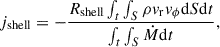 Mathematical equation: $$ \begin{aligned} j_{\mathrm{shell} } = -\frac{R_{\mathrm{shell} }\int _{t} \int _{S} \rho v_{\mathrm{r} }v_{\phi }\mathrm{d}S\mathrm{d}t}{\int _{t}\int _{S}\dot{M}\mathrm{d}t}, \end{aligned} $$