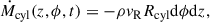 Mathematical equation: $$ \begin{aligned} \dot{M}_{\mathrm{cyl} }(z, \phi , t) = -\rho v_{\mathrm{R} }R_{\mathrm{cyl} }\mathrm{d}\phi \mathrm{d}z, \end{aligned} $$