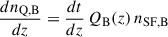 Mathematical equation: $$ \begin{aligned} \frac{d n_{\mathrm{Q,B} }}{dz}&= \frac{dt}{dz}\, Q_{\rm B}(z) \, n_{\rm SF,B}\end{aligned} $$