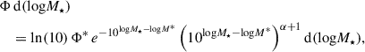 Mathematical equation: $$ \begin{aligned}&\Phi \, \mathrm{d}(\mathrm{log}M_{\star }) \nonumber \\&\quad = \mathrm{ln}(10) \, \Phi ^*\, e^{-10^{\mathrm{log}M_{\star } - \mathrm{log}M^*}} \left(10^{\mathrm{log}M_{\star } - \mathrm{log} M^*}\right)^{\alpha +1} \mathrm{d} ( \mathrm{log}M_{\star }), \end{aligned} $$