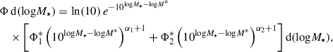 Mathematical equation: $$ \begin{aligned}&\Phi \, \mathrm{d}(\mathrm{log}M_{\star }) = \mathrm{ln}(10) \, e^{-10^{\mathrm{log}M_{\star } - \mathrm{log}M^*}} \nonumber \\&\quad \times \left[ \Phi ^*_1 \left(10^{\mathrm{log}M_{\star } - \mathrm{log} M^*}\right)^{\alpha _1+1} + \Phi ^*_2 \left(10^{\mathrm{log}M_{\star } - \mathrm{log} M^*}\right)^{\alpha _2+1} \right] \mathrm{d}( \mathrm{log}M_{\star }), \end{aligned} $$