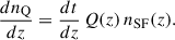 Mathematical equation: $$ \begin{aligned} \frac{d n_{\mathrm{Q} }}{dz} = \frac{dt}{dz} \, Q(z)\, n_{\mathrm{SF} }(z). \end{aligned} $$