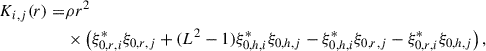 Mathematical equation: $$ \begin{aligned} K_{i,j}(r) = &\rho r^2\nonumber \\&\times \left(\xi _{0,r,i}^*\xi _{0,r,j}+(L^2-1) \xi _{0,h,i}^*\xi _{0,h,j}-\xi _{0,h,i}^*\xi _{0,r,j} -\xi _{0,r,i}^*\xi _{0,h,j}\right), \end{aligned} $$